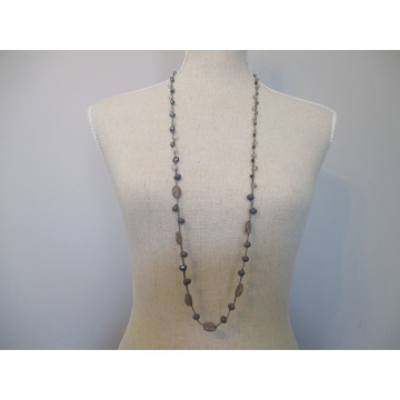 pearl, agate & crystal hand crocheted 100cm	grey/blk/natural