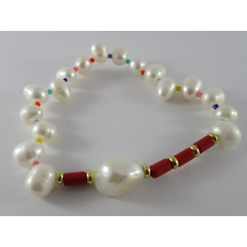 Pearls with alt tiny bright balls & red coral cylinder beads-red/white/multi bright