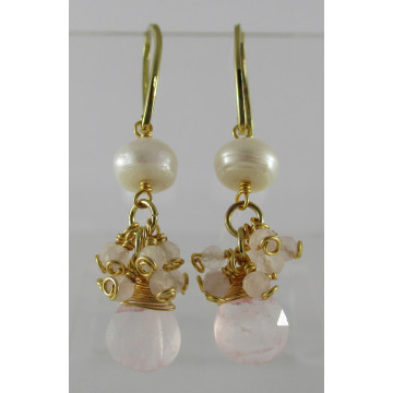 pearl with tiny stones cluster above a teardrop stone, gold hook-rose 